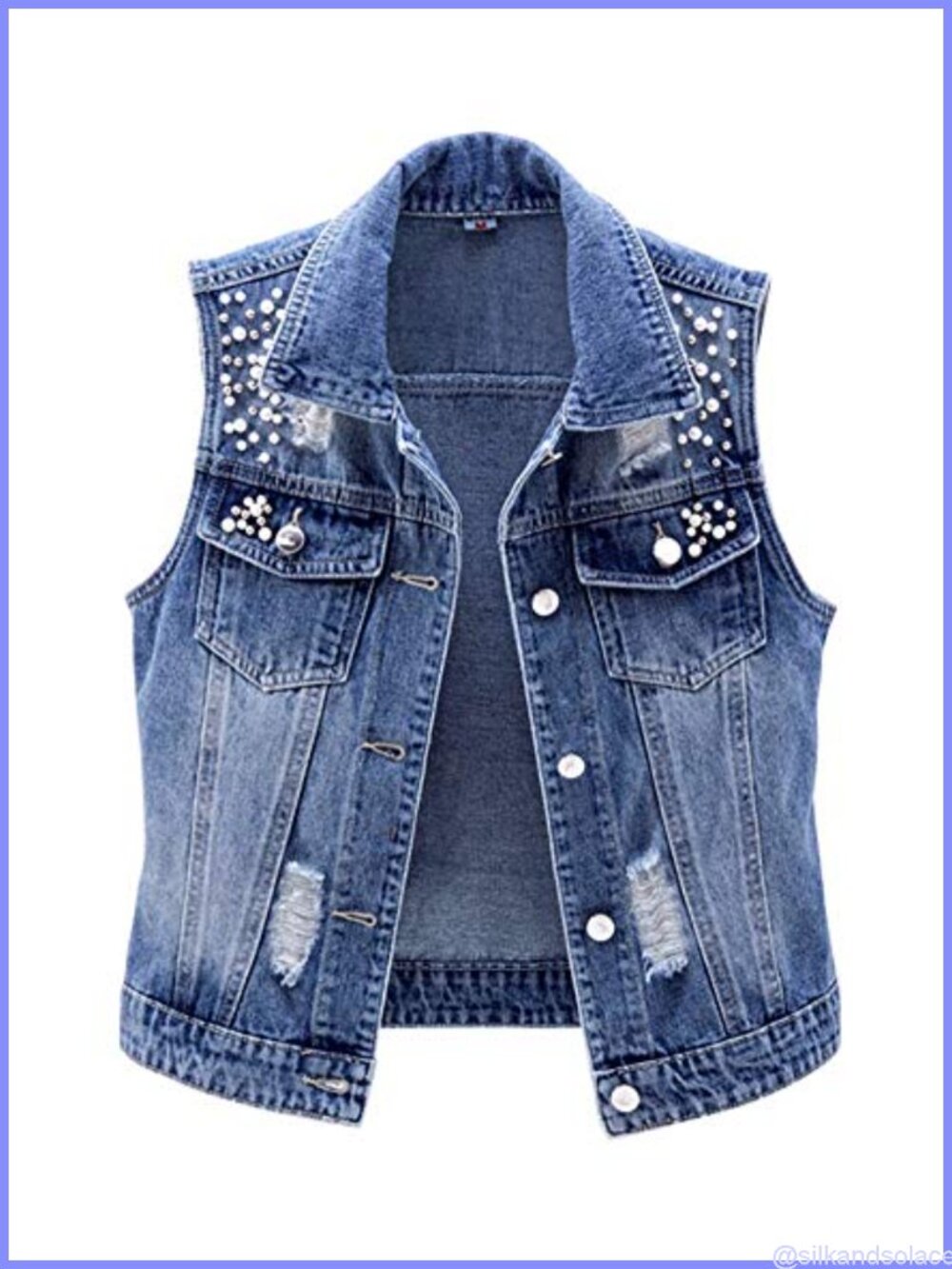 Womens Sleeveless Denim Vest Jean Jacket with Pearls Button Front